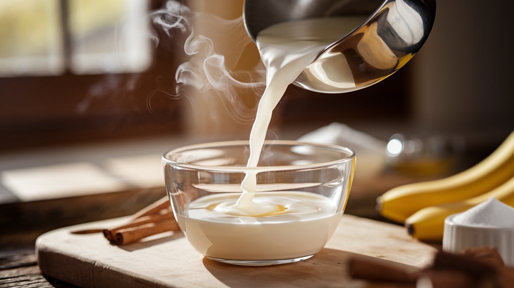 combine hot milk and eggs