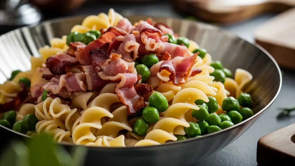 combine pasta bacon peas