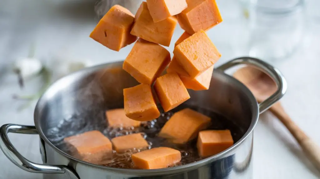 cubed sweet potatoes going into boiling water