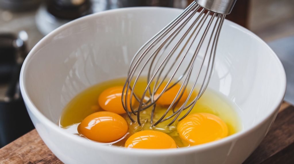 egg yolks in bowl being whisked