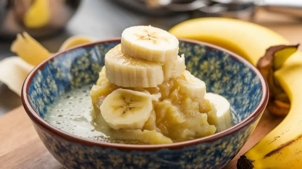 mashed bananas in a bowl with melted butter