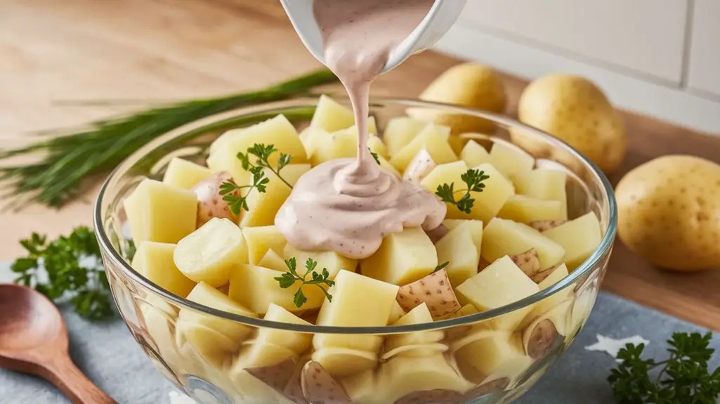 mix potatoes with dressing