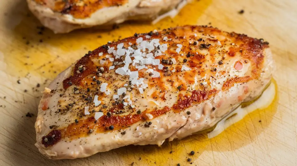 sprinkle the baked chicken breast coated with olive oil liberally with kosher salt and freshly ground black pepper