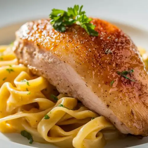 chicken served with noodles