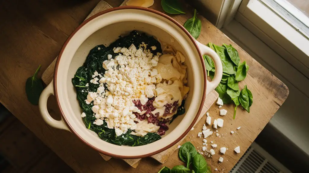 combine cheeses and spinach