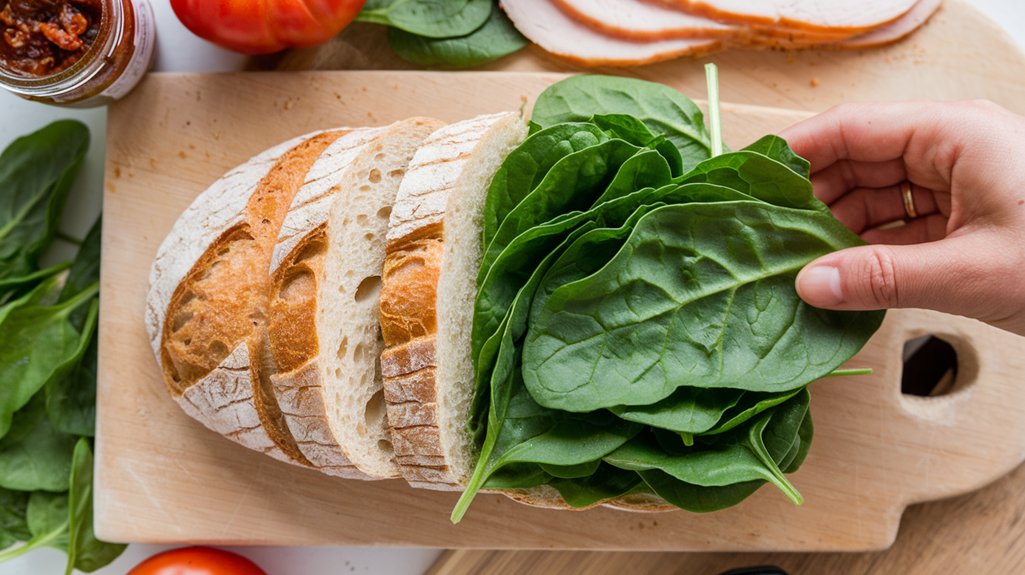 generously layer spinach leaves