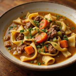 hearty hamburger noodle soup