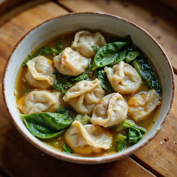 savory chicken filled dumplings soup