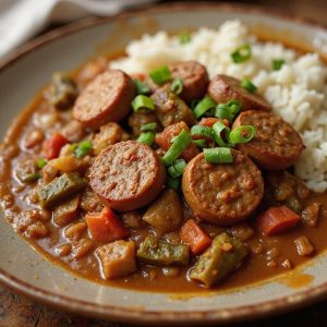 sausage filled gumbo dish