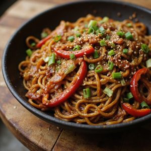 spicy garlic flavored noodle dish