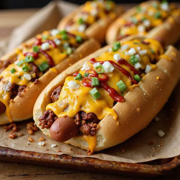 spicy topped hot dogs
