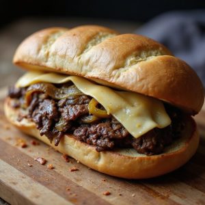 delicious cheese steak sandwich