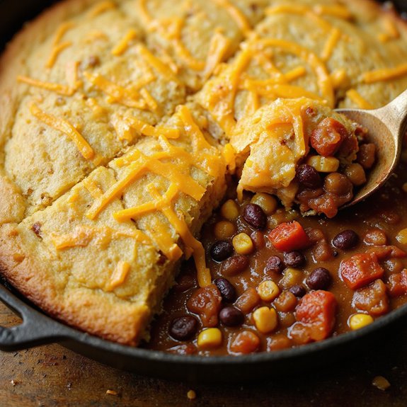 chili topped with cornbread
