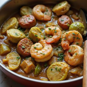 Brussel Sprouts Gumbo With Shrimp and Sausage