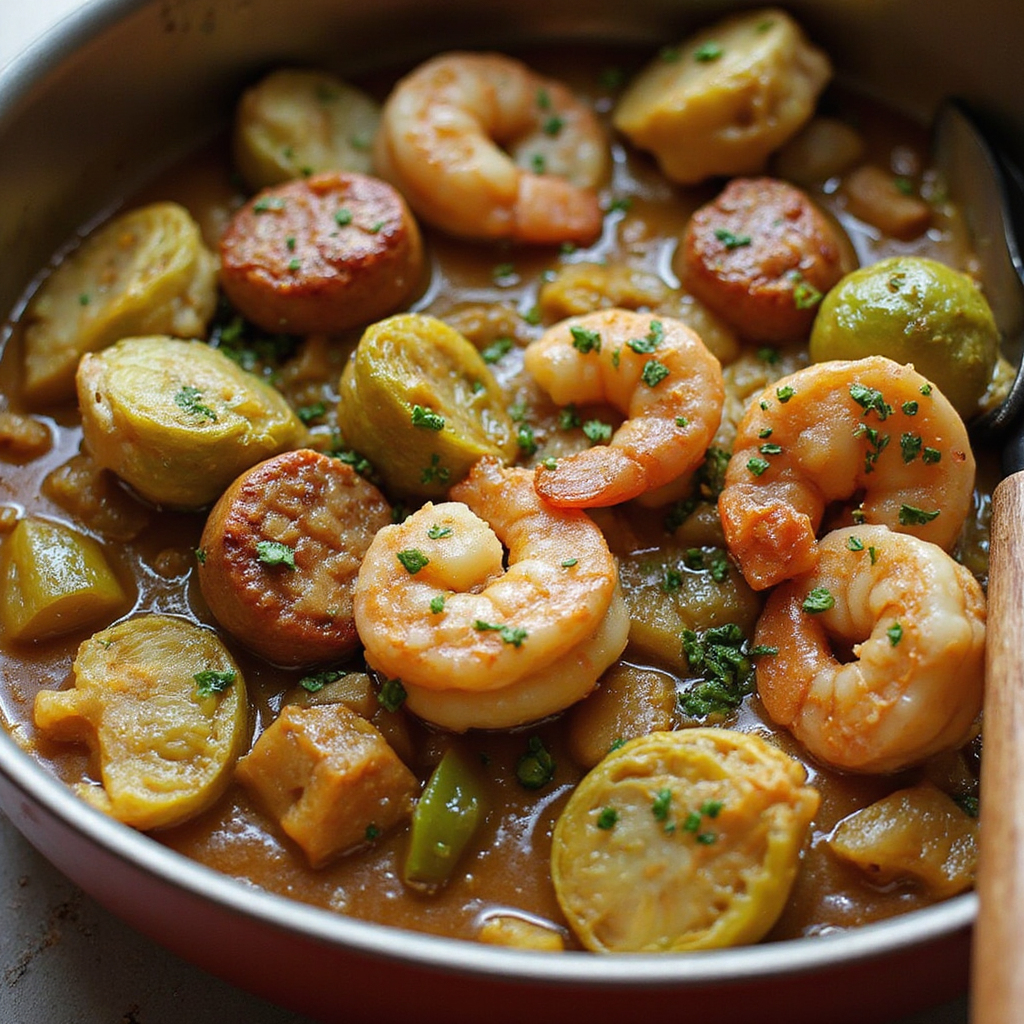 Brussel Sprouts Gumbo With Shrimp and Sausage