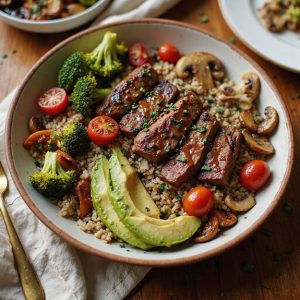 balsamic roasted vegetable steak bowl