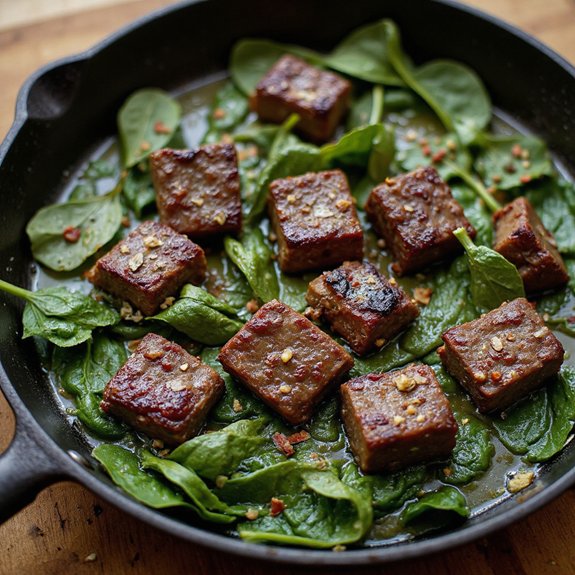 garlic butter steak bites spinach
