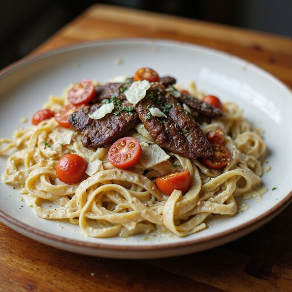 garlic drizzled steak pasta