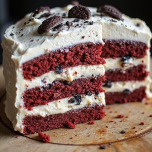 oreo layered red velvet cheesecake