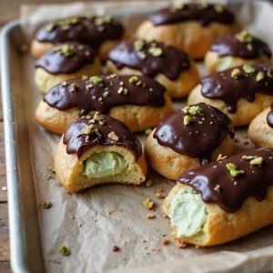 pistachio cream filled french eclairs