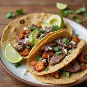 spicy sweet potato steak tacos