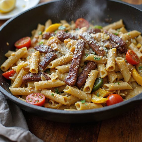 steak topped spring vegetable pasta