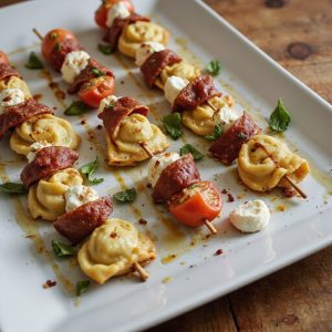 cheesy tortellini appetizer on skewers