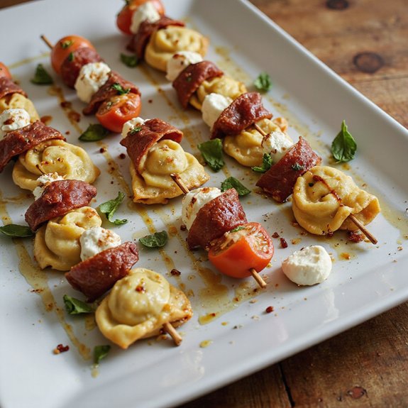 cheesy tortellini appetizer on skewers