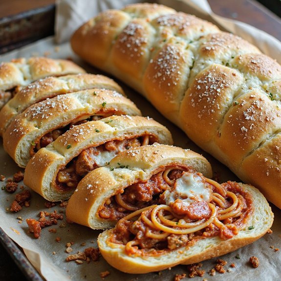 garlic loaf filled with spaghetti