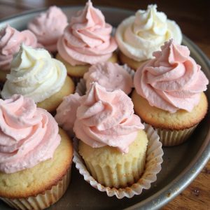 pink and white frosted cupcakes