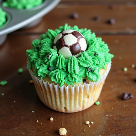 soccer themed chocolate frosting cupcake