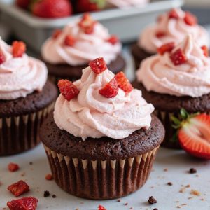 chocolate cupcake with strawberry frosting