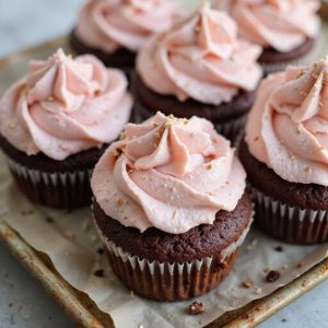 chocolate cupcakes with pink frosting