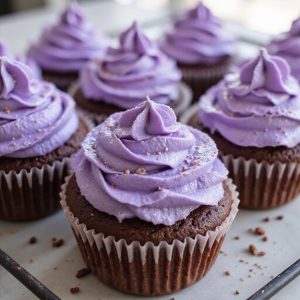 chocolate cupcakes with purple frosting