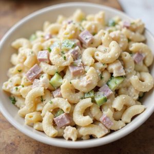 cold macaroni with ham and cucumber