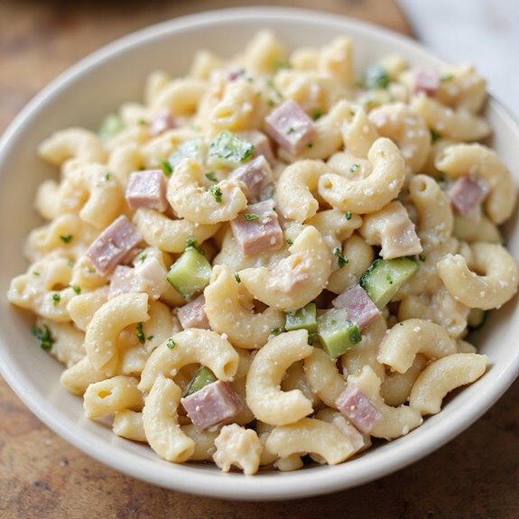 cold macaroni with ham and cucumber