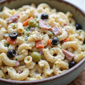 creamy macaroni salad with olives