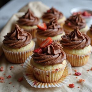 strawberry cupcakes topped with chocolate