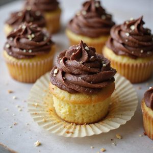 yellow cupcakes with chocolate frosting